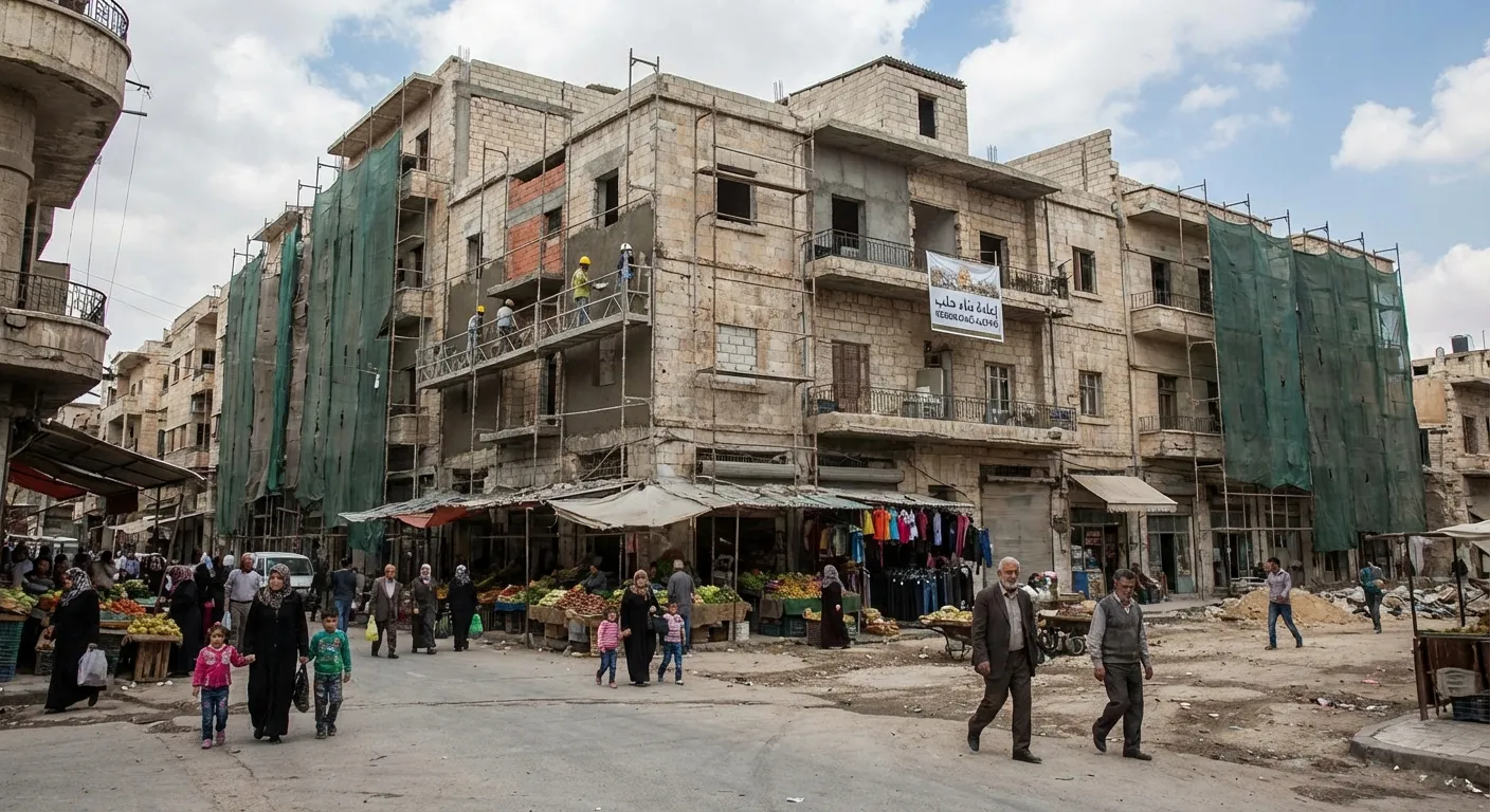 Syrian city street with reconstruction work and people walking