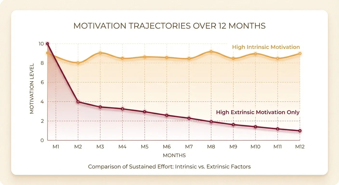 Research chart showing intrinsic motivation predicting goal adherence over twelve months