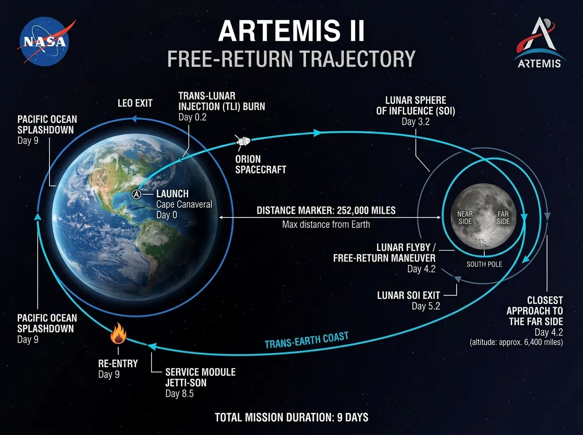 Diagram showing Artemis II free-return trajectory figure-eight path around the moon