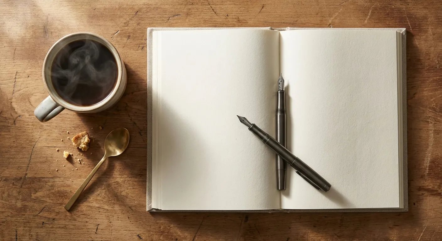 Journal open on wooden desk with morning coffee, pen resting on blank page inviting reflection