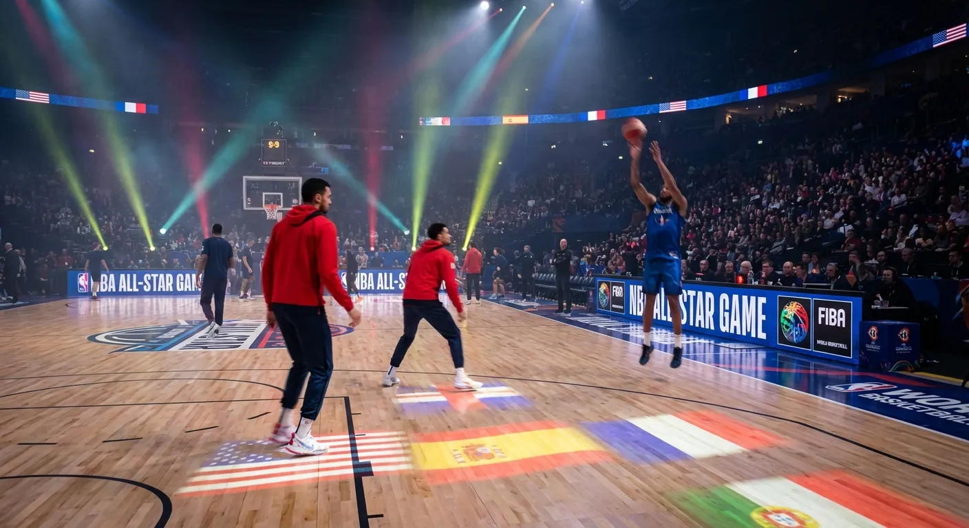 NBA players from different countries warming up on court with national flag graphics