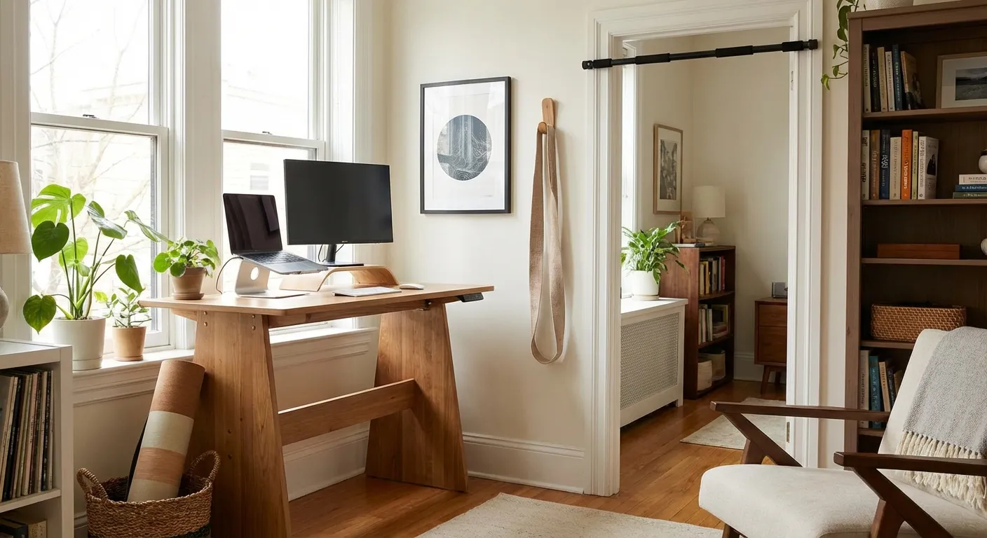Home office setup with visible exercise equipment for exercise snacks
