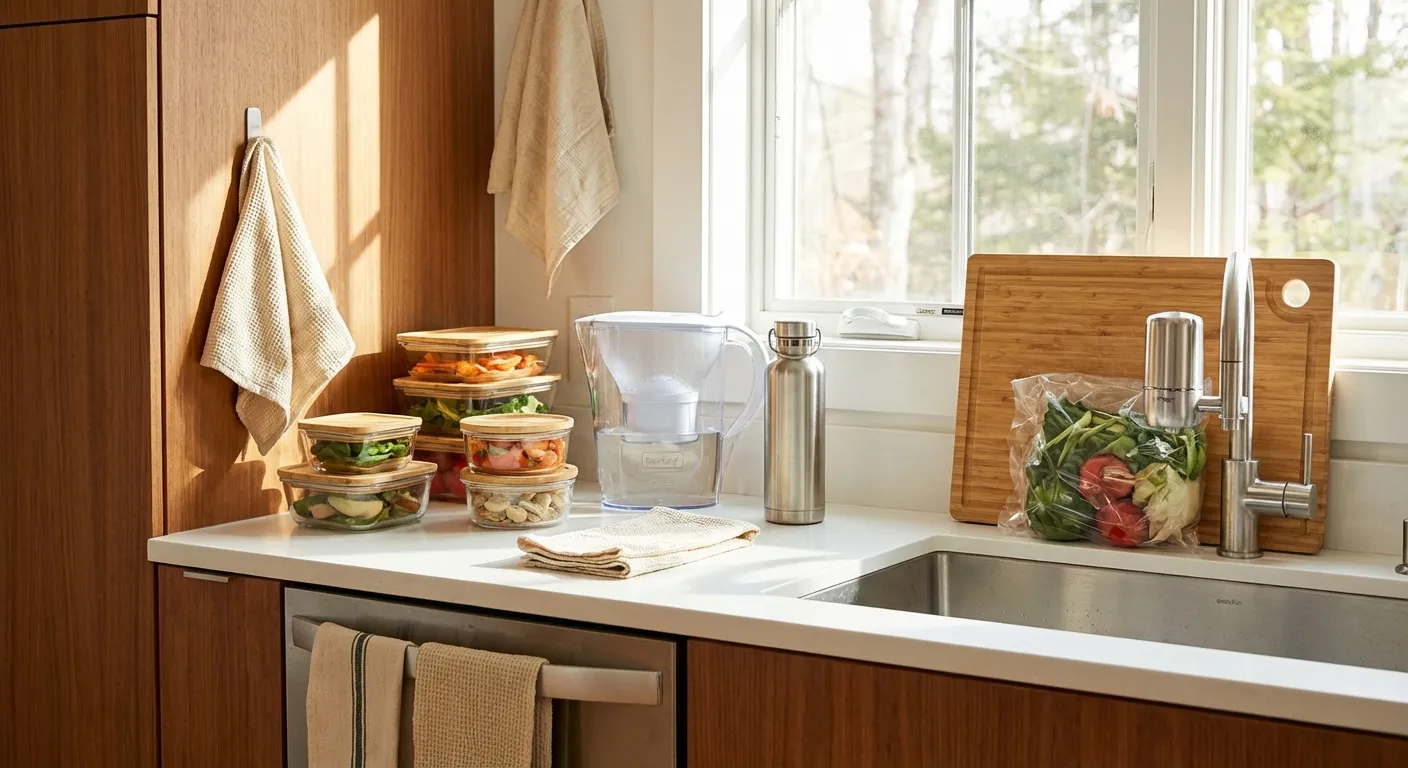 Kitchen setup showing glass containers, water filter, and natural fiber items for reducing microplastic exposure
