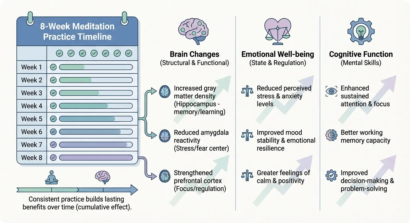 Infographic showing research-backed benefits of consistent meditation practice over 8 weeks