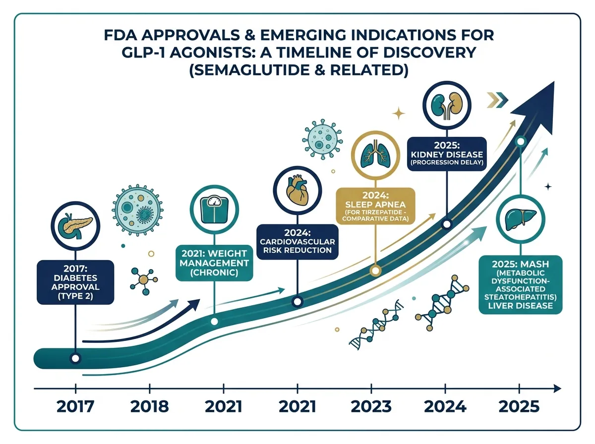 Timeline infographic showing FDA approvals for GLP-1 drugs expanding from diabetes to multiple conditions