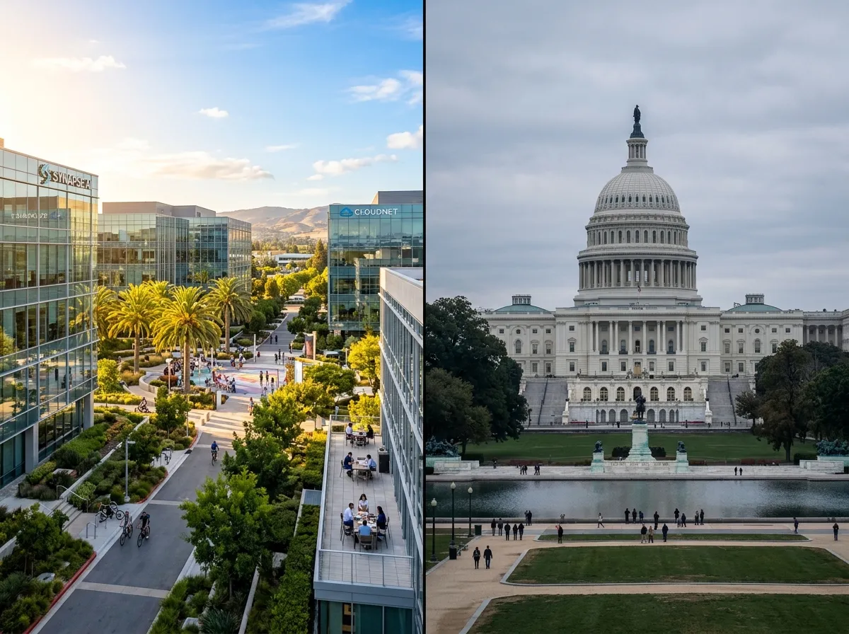 Split image showing Silicon Valley tech campus on one side and the U.S. Capitol building on the other