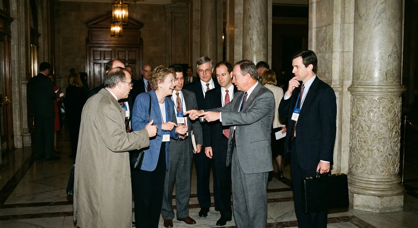 Democratic politicians speaking with European leaders in a conference hallway