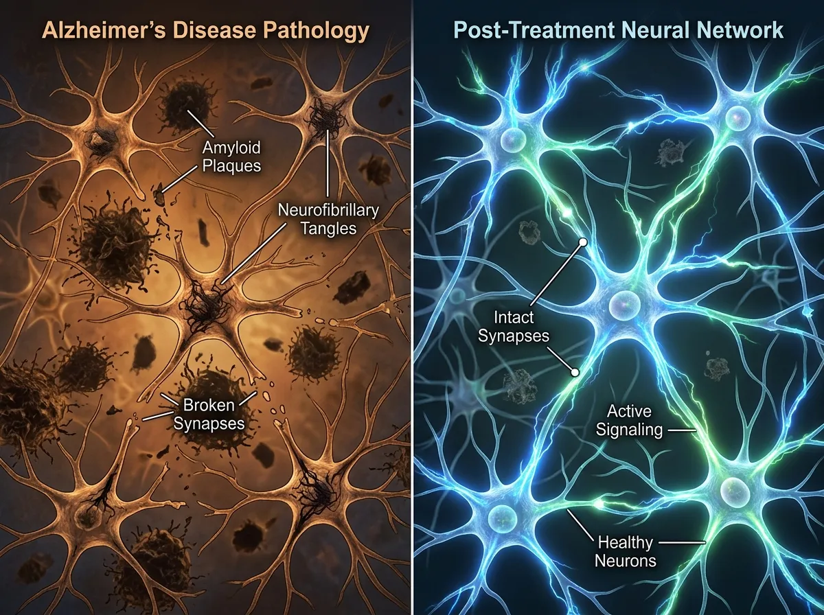 Split comparison showing a damaged neuron network on one side and a healthy restored network on the other