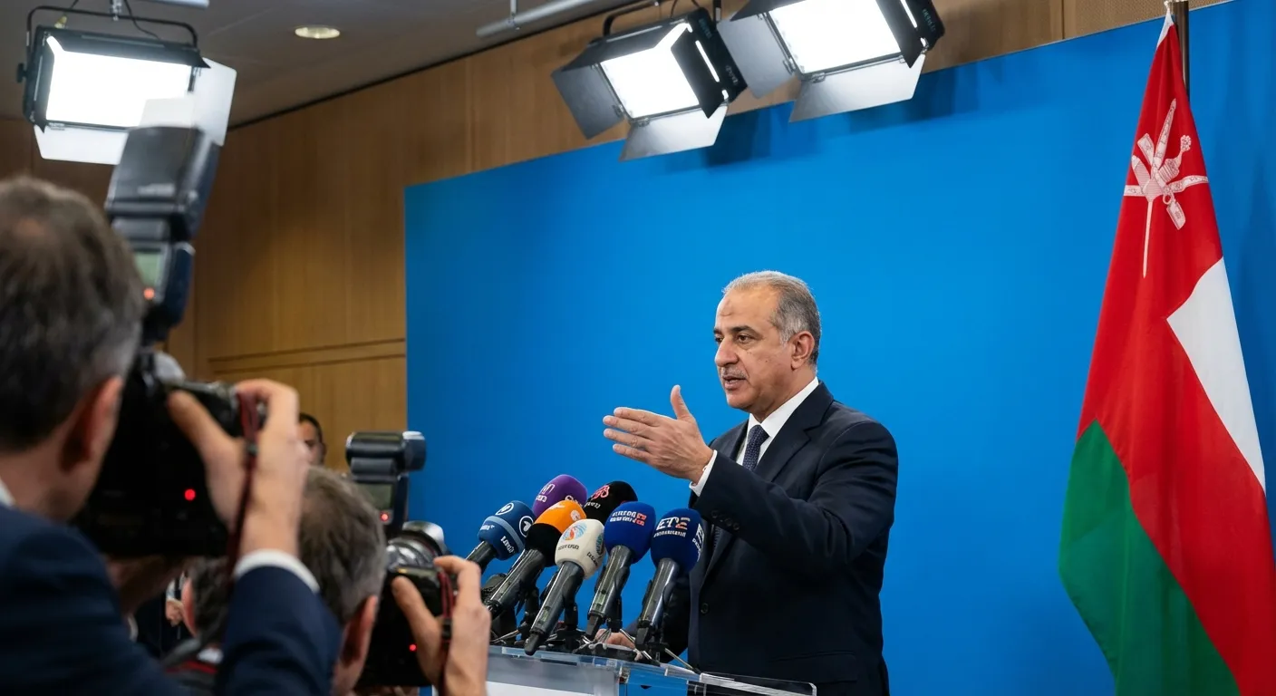 Iranian Foreign Minister Abbas Araghchi speaking at a press conference podium
