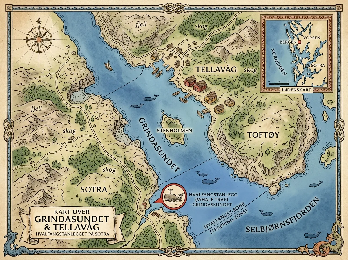 An illustrated map showing the narrow strait of Grindasundet with the whale trap location marked