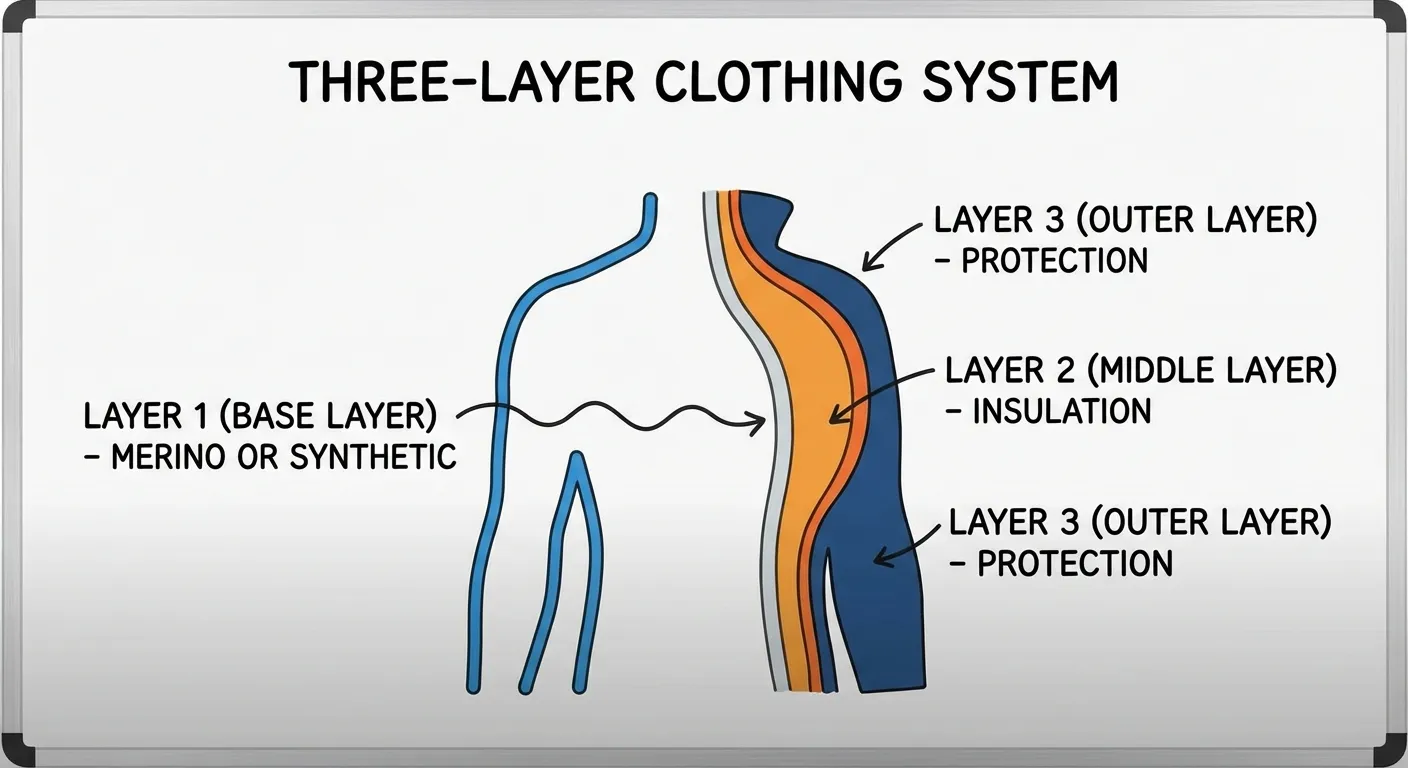 Diagram showing the three-layer winter running system with fabric recommendations