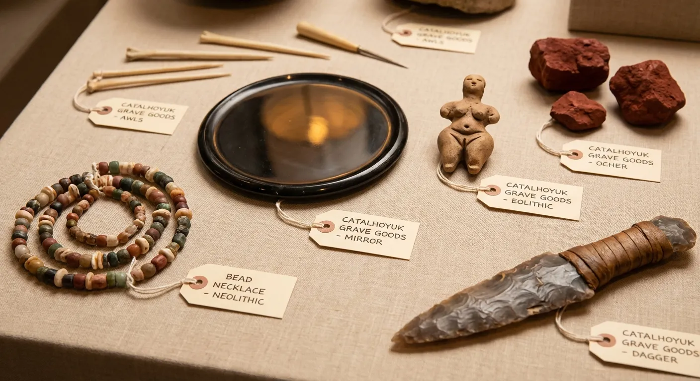 Neolithic grave goods including obsidian mirrors beads and bone tools found at Catalhoyuk