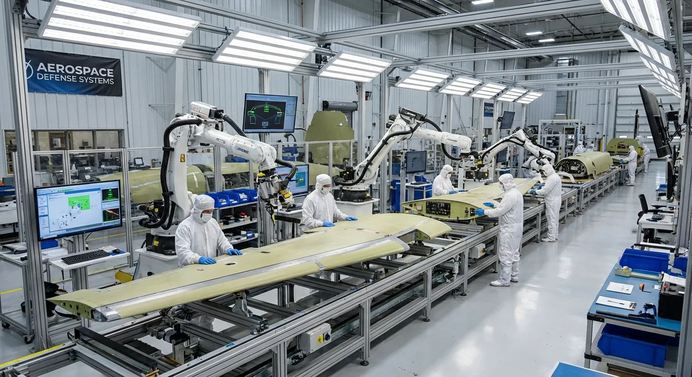 Defense contractor assembly line with workers building advanced military aircraft