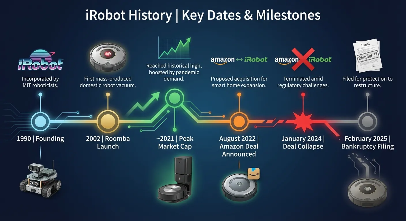 Timeline showing iRobot milestones from 1990 founding through 2025 bankruptcy