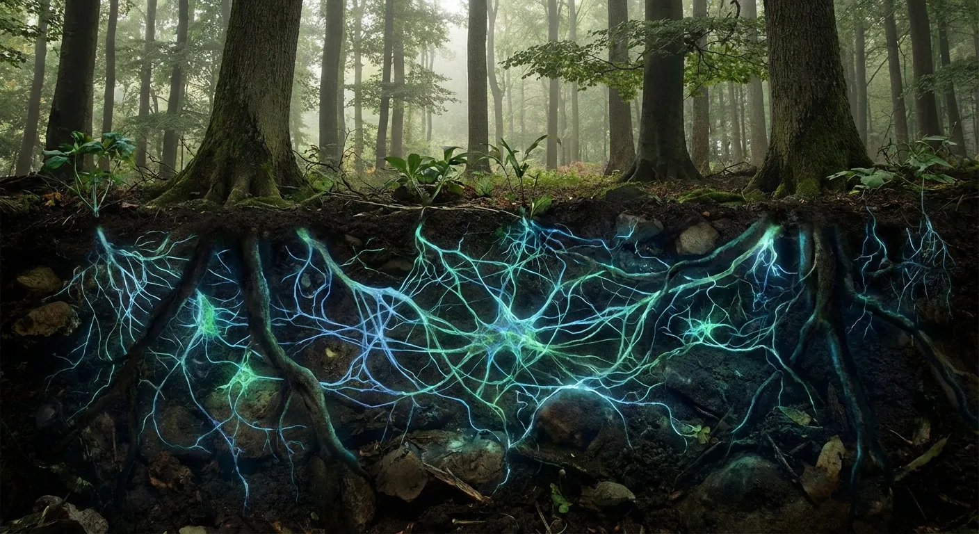 Cross-section illustration showing tree roots connected by glowing fungal networks underground