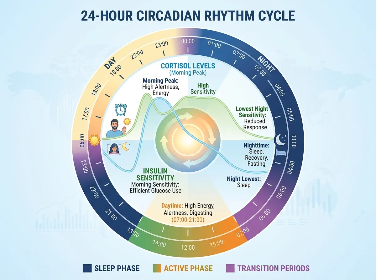 Illustration of circadian rhythm cycle showing cortisol and insulin sensitivity throughout the day