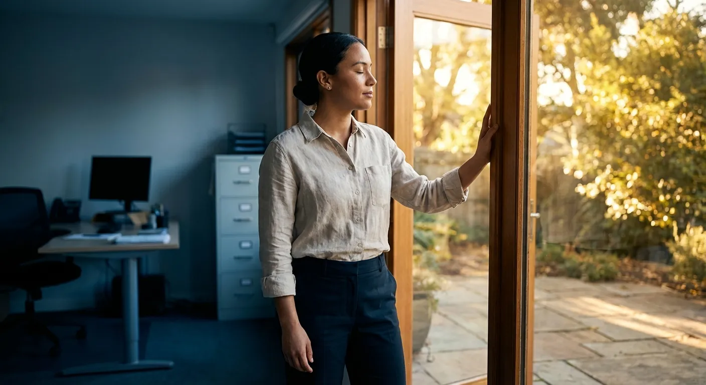 Person pausing with eyes closed in a doorway between office and outdoor light