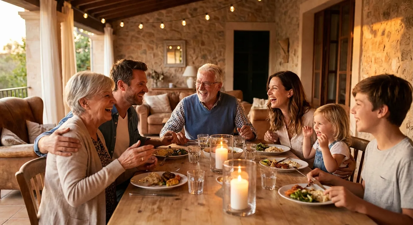 Multi-generational family sharing a meal together at a warmly lit dinner table, emphasizing genuine connection