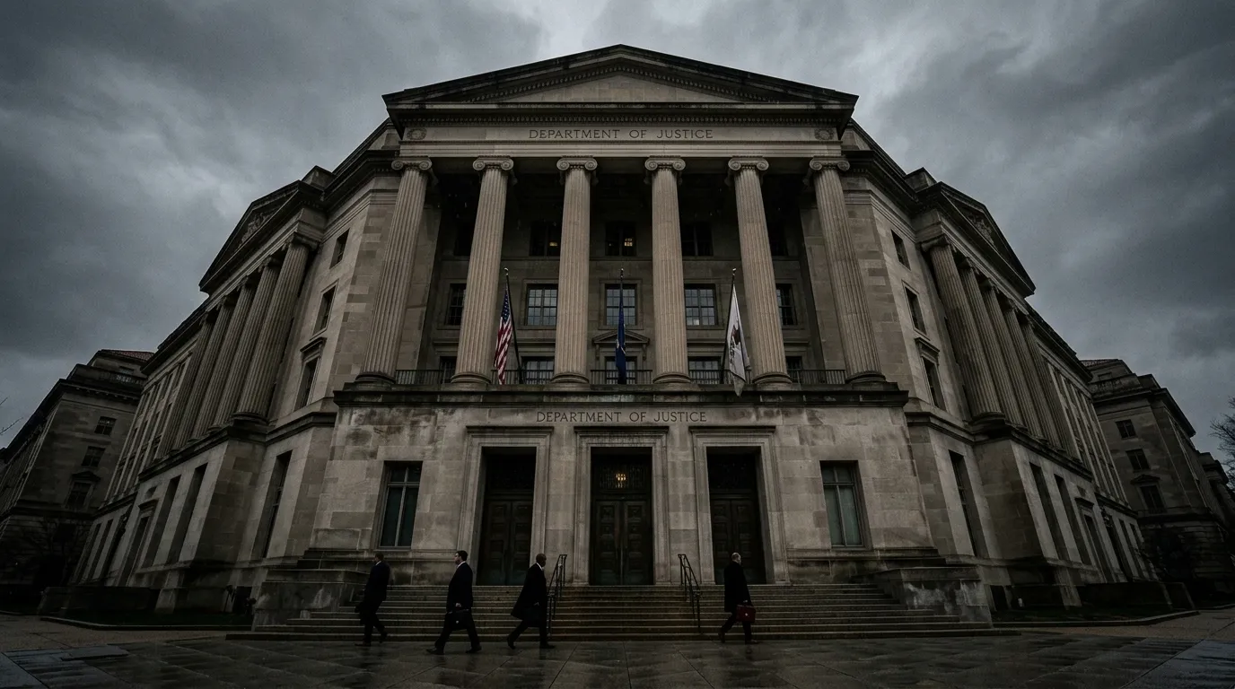 The Department of Justice building in Washington DC under overcast skies