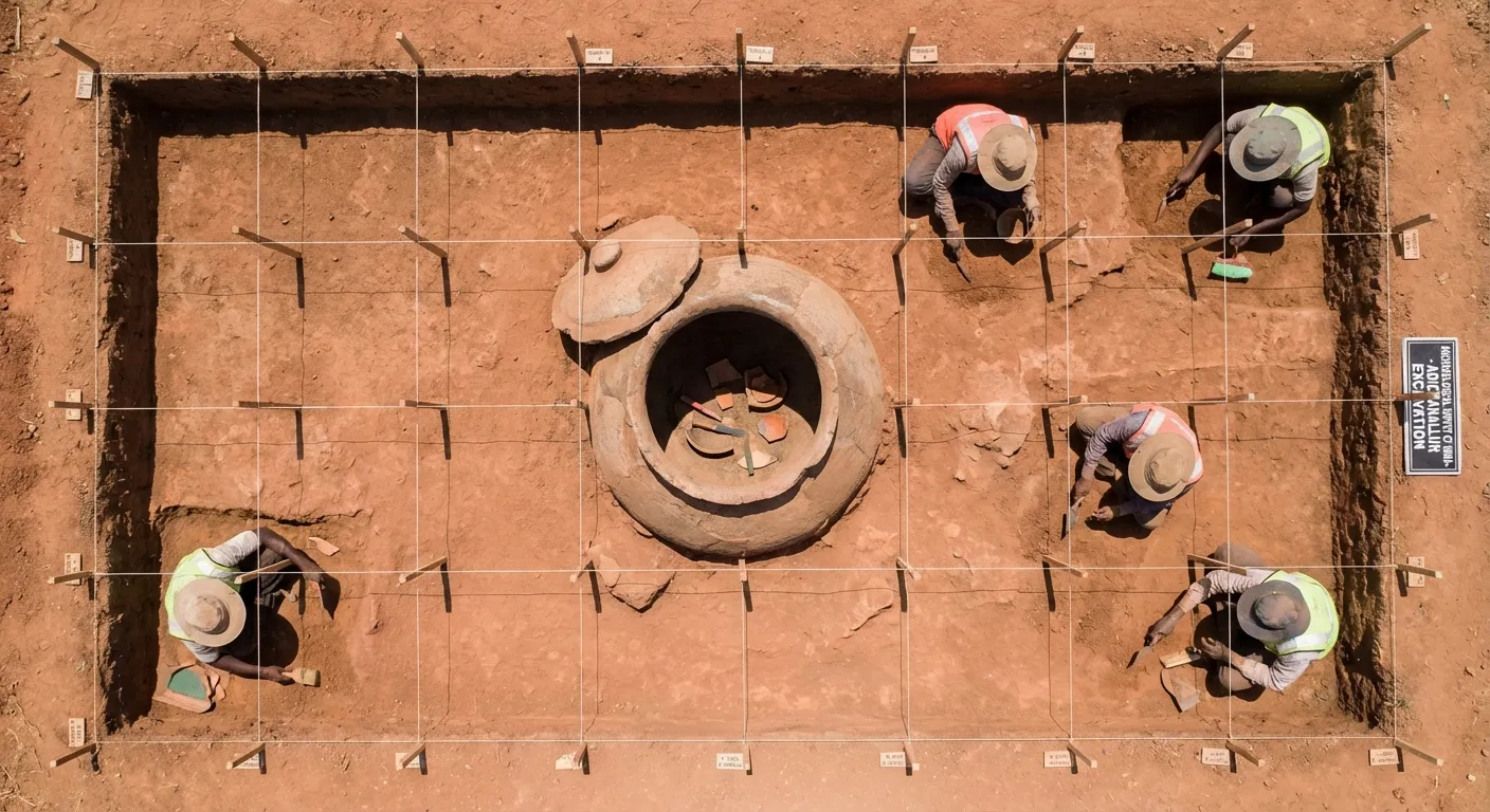Megalithic burial urn excavation site showing typical South Indian funerary practices