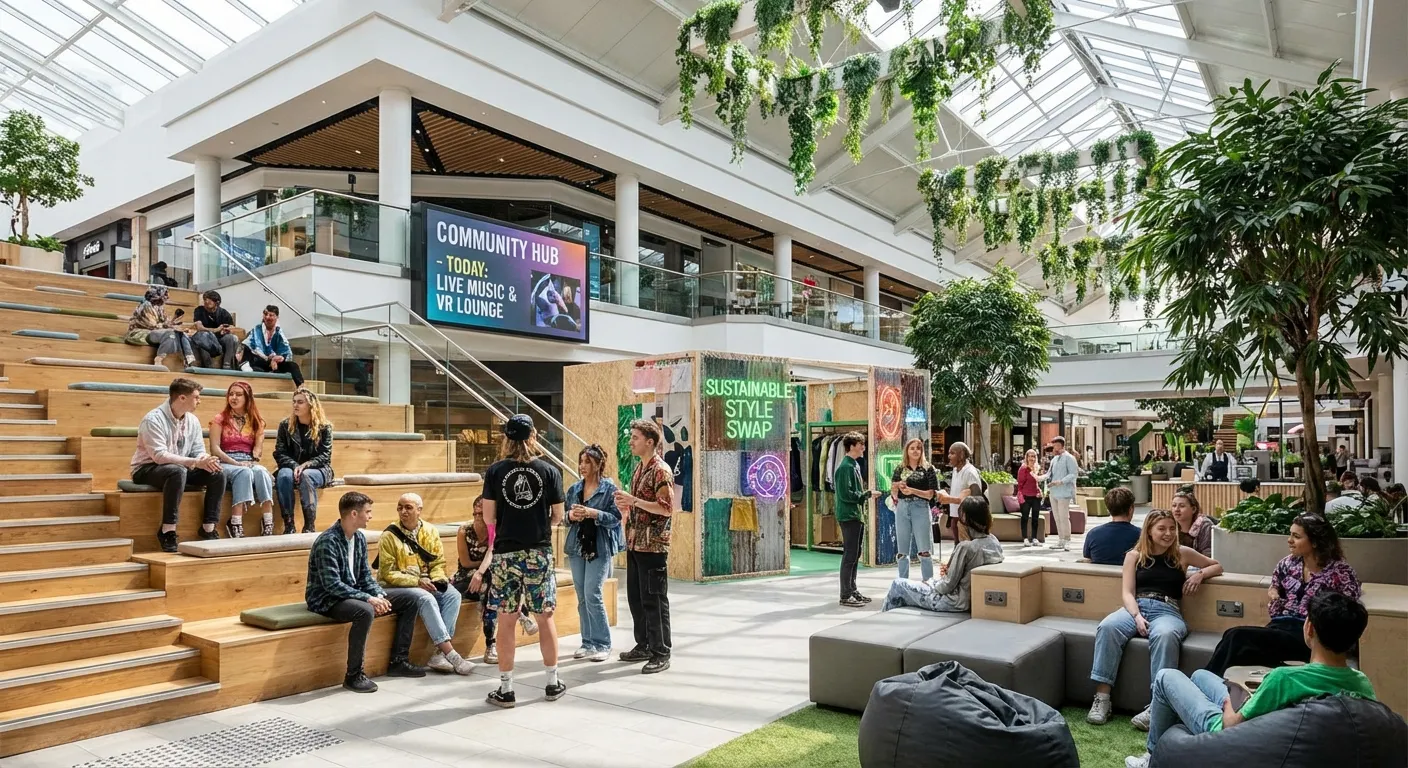 Young people socializing at a renovated modern mall with experiential retail spaces