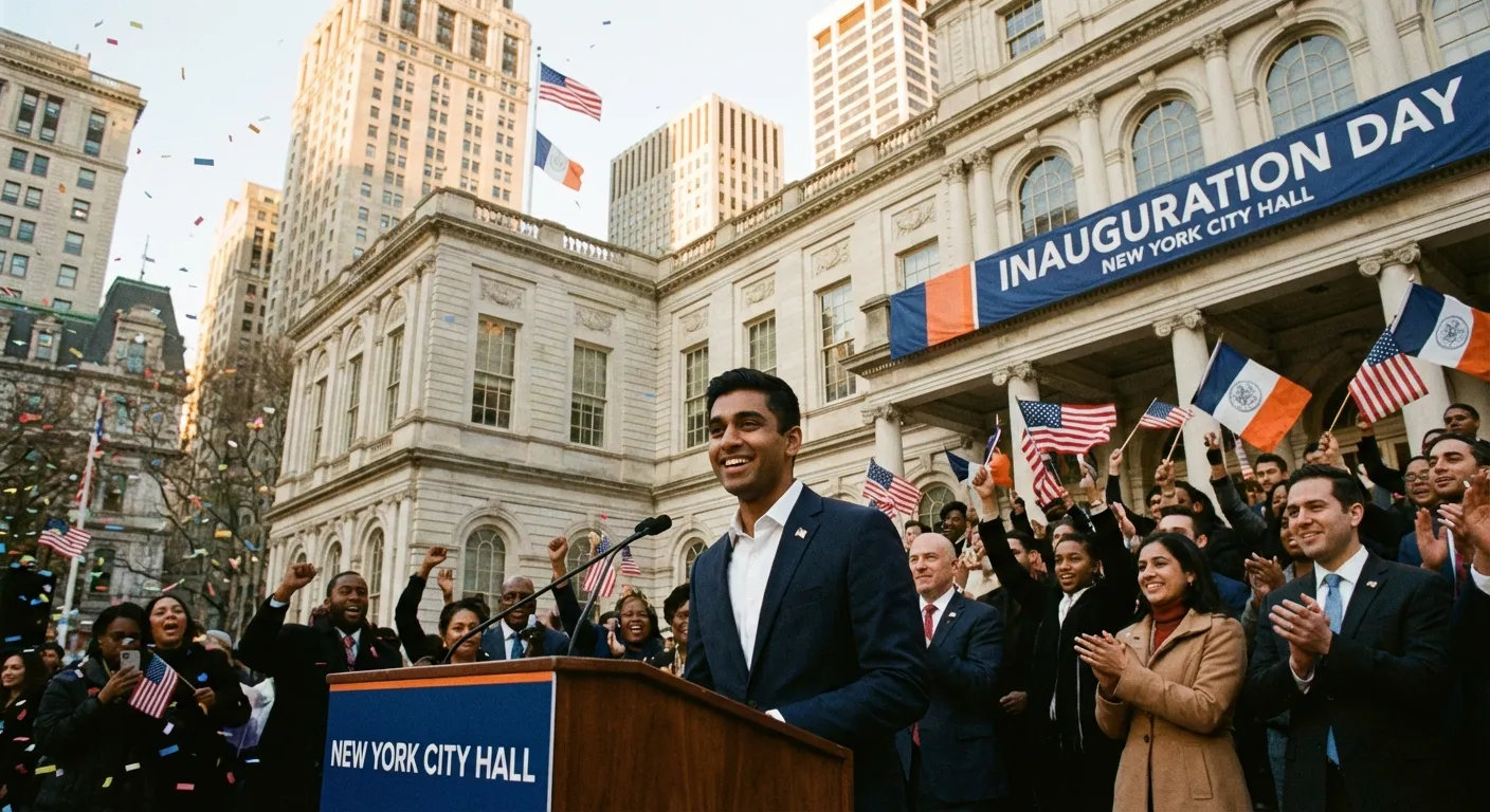 Zohran Mamdani at his mayoral inauguration with diverse crowd of supporters