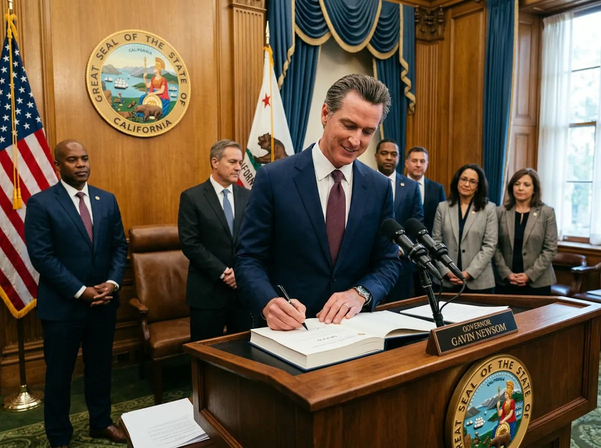 Governor Newsom at a podium signing an executive order document with tech advisors nearby