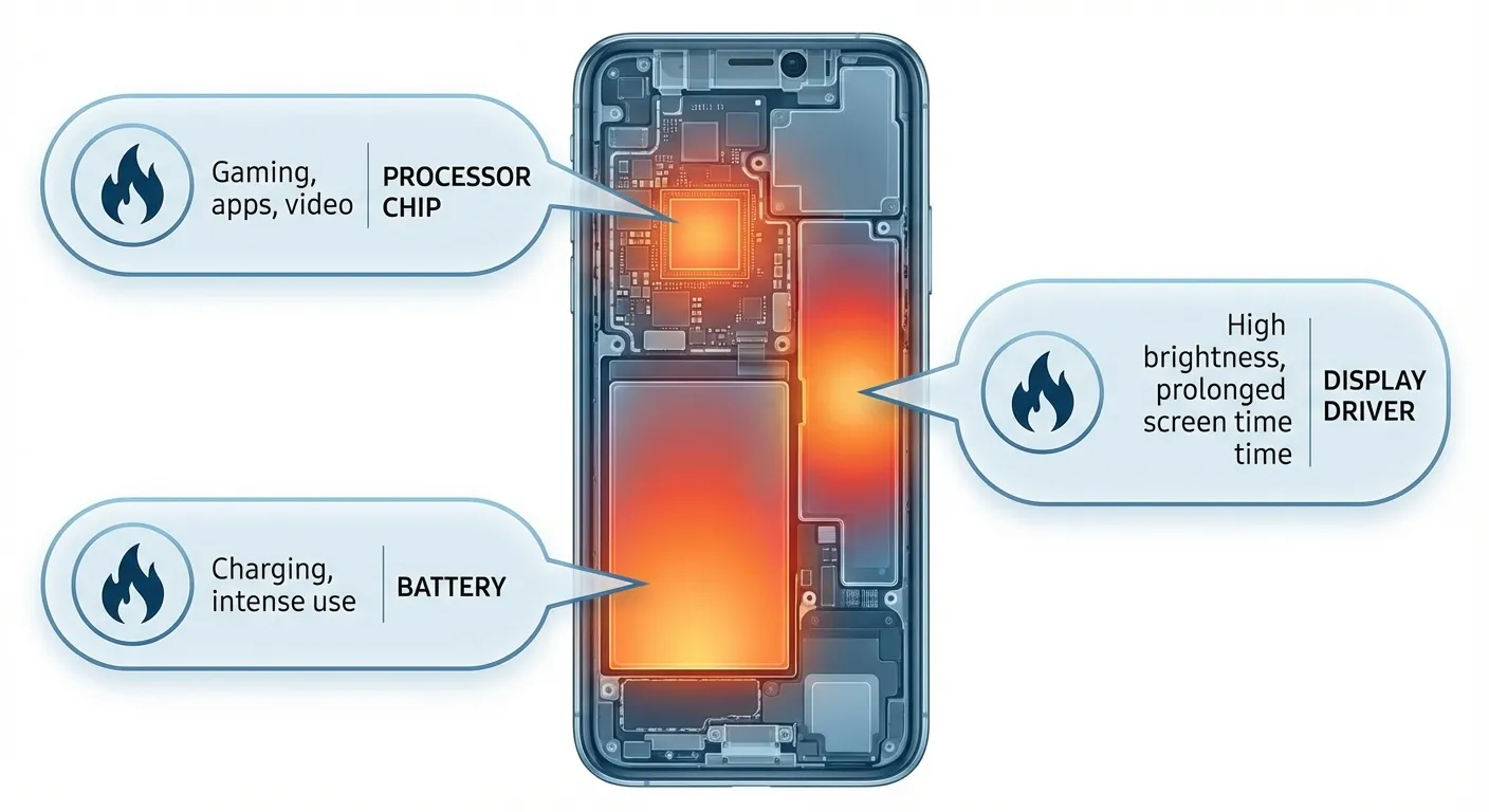 Diagram showing common sources of phone heat including processor, battery, and external factors