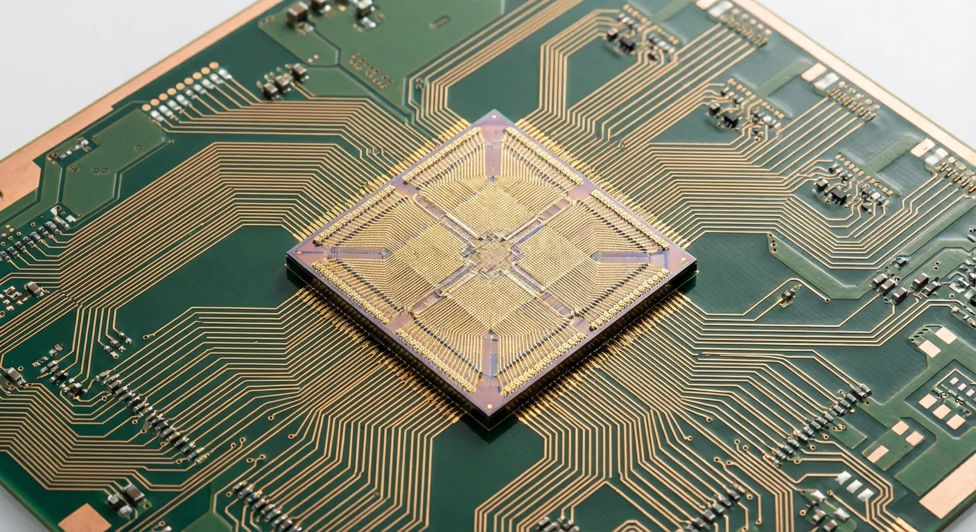 Google's Willow quantum chip on a circuit board with intricate wiring