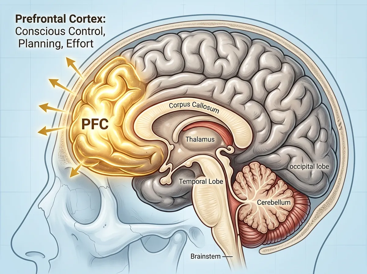 Diagram of the brain showing prefrontal cortex and basal ganglia habit pathway