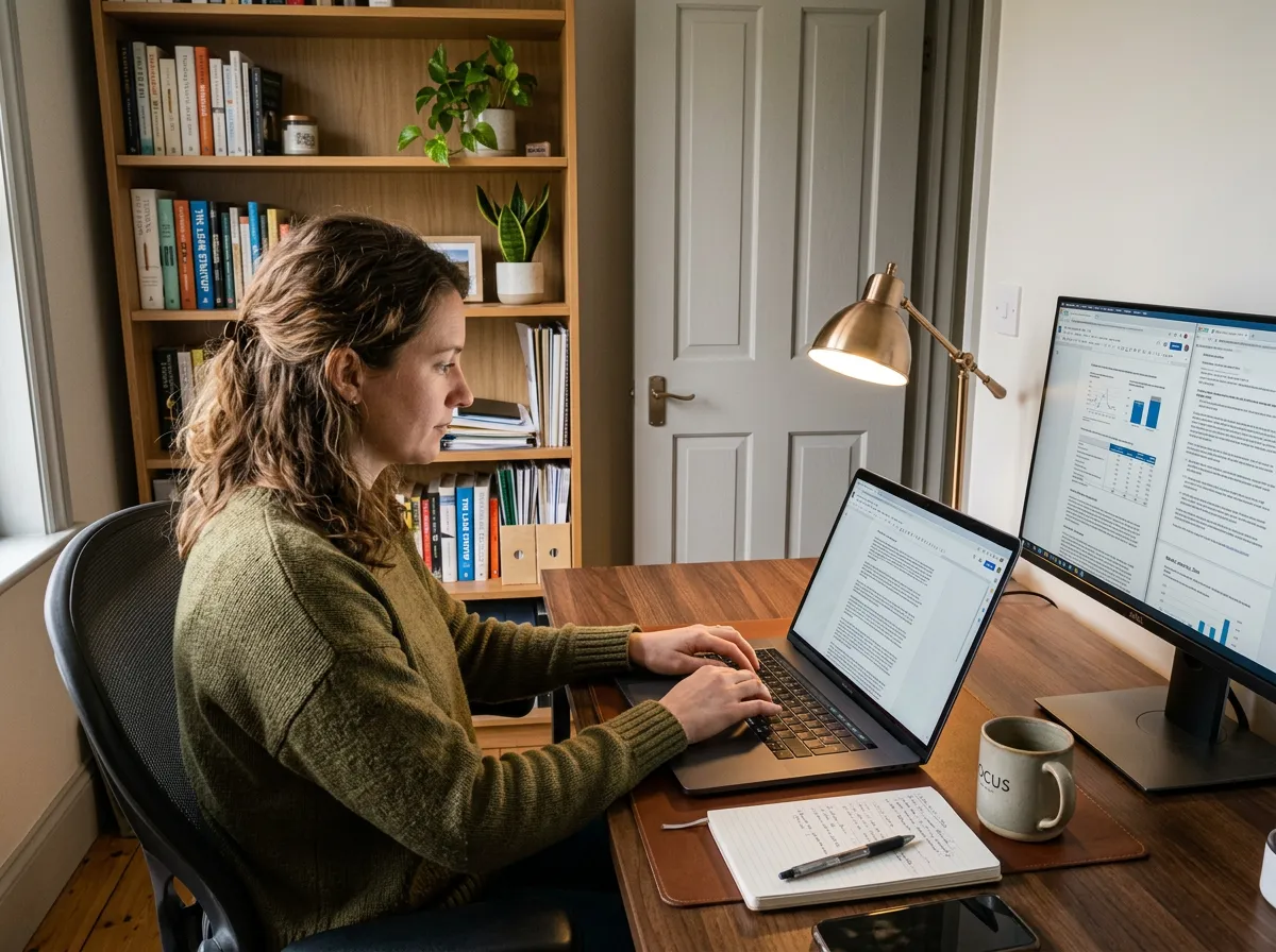 Person writing a detailed document on a laptop in a quiet home office