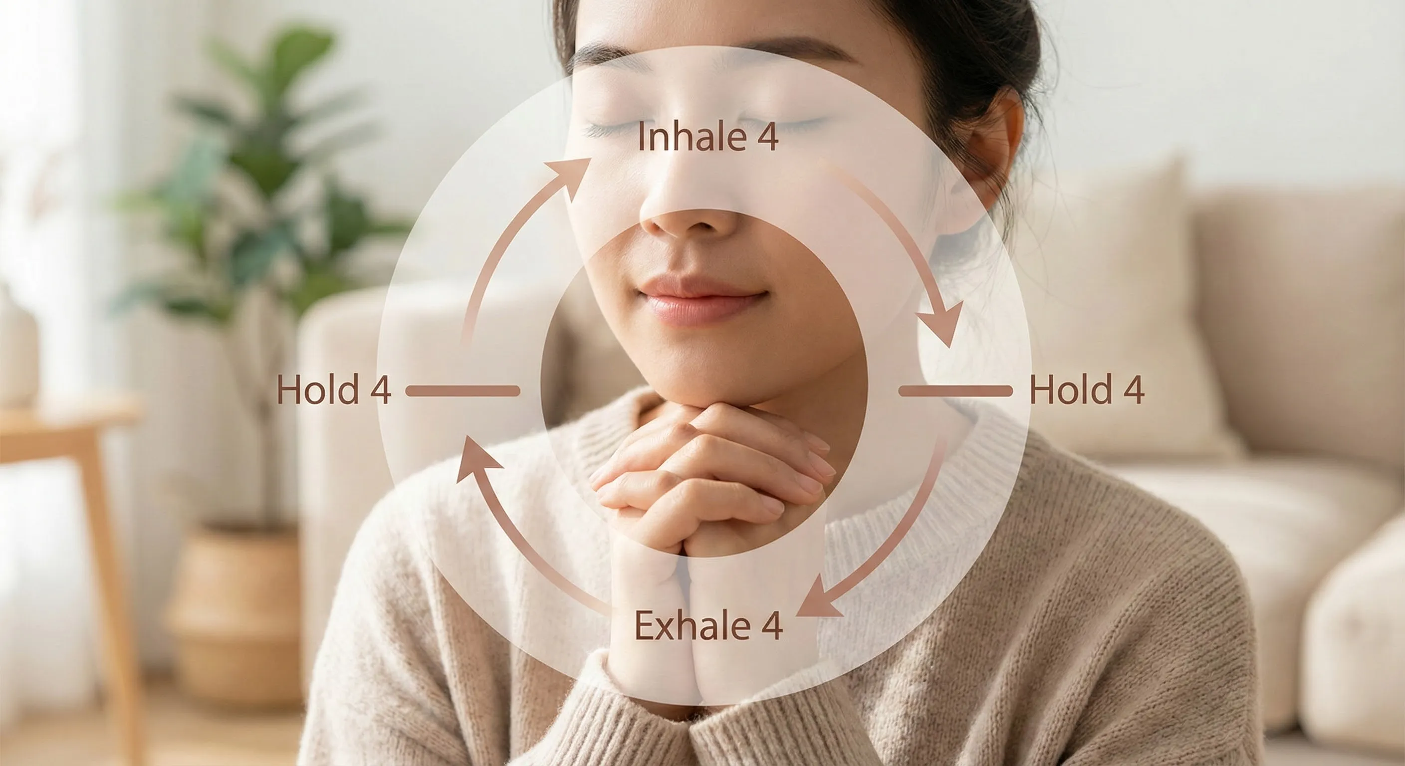 Person demonstrating box breathing technique with eyes closed in peaceful meditation, showing 4-4-4-4 breathing cycle