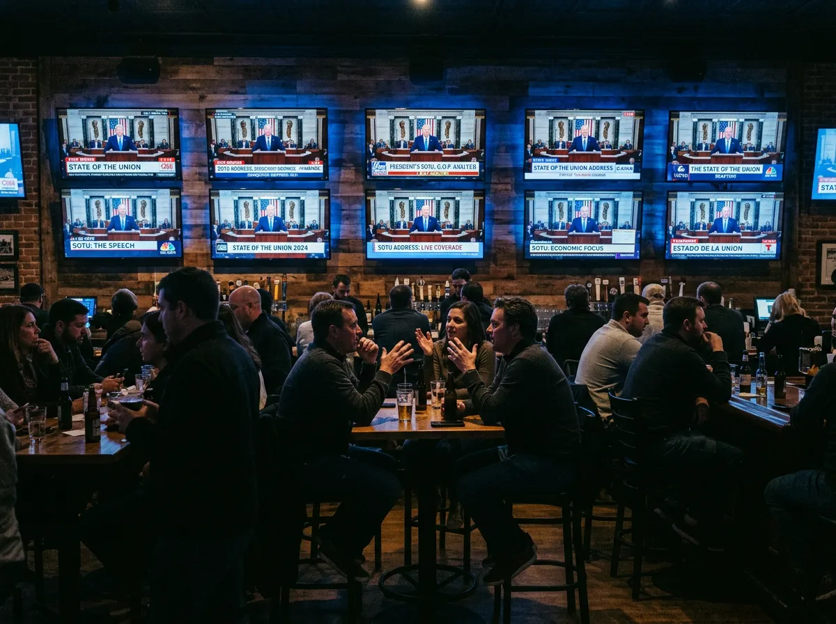 Television screens showing State of the Union coverage in a bar or public viewing space