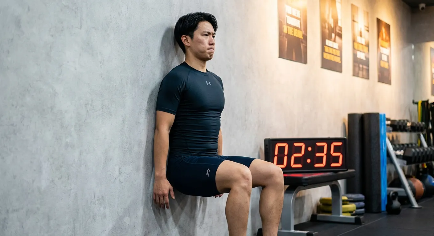 Person performing wall sit against gym wall with knees bent at 90 degrees