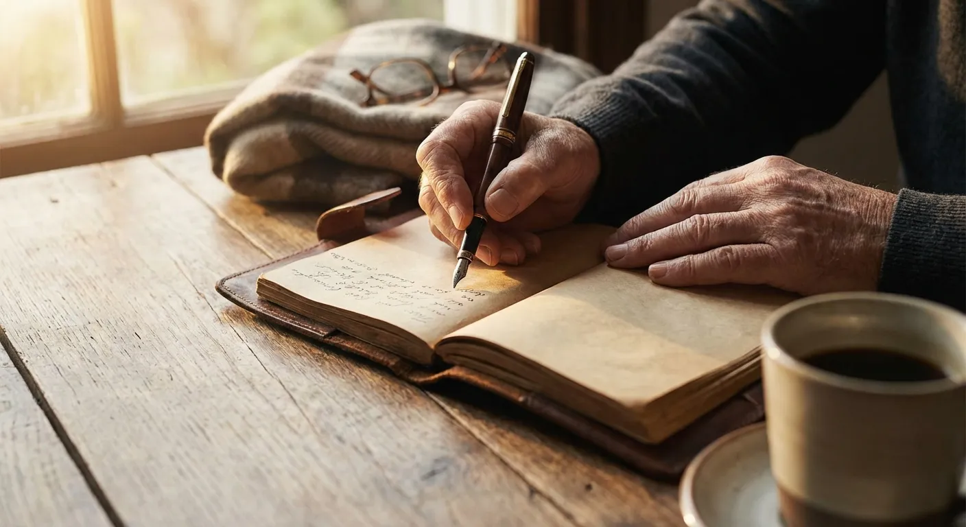 Hands writing in a journal with morning light, capturing the practice of emotional reflection