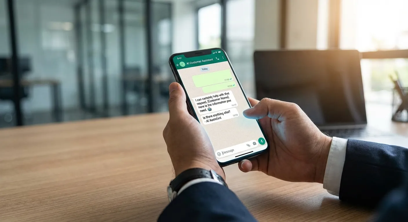 Business person using WhatsApp with AI chatbot on smartphone