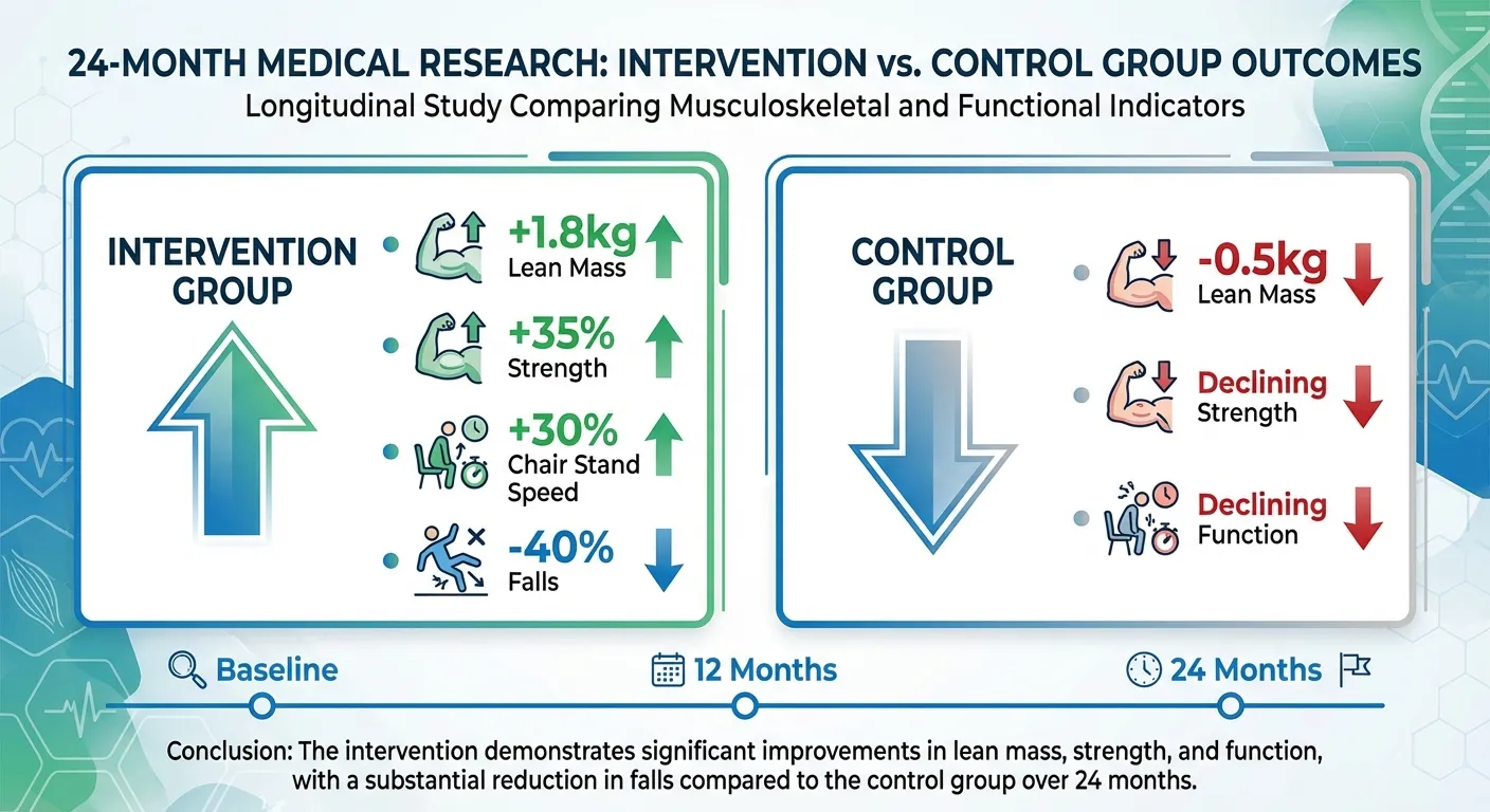 Comparison chart showing muscle mass and strength gains between intervention and control groups