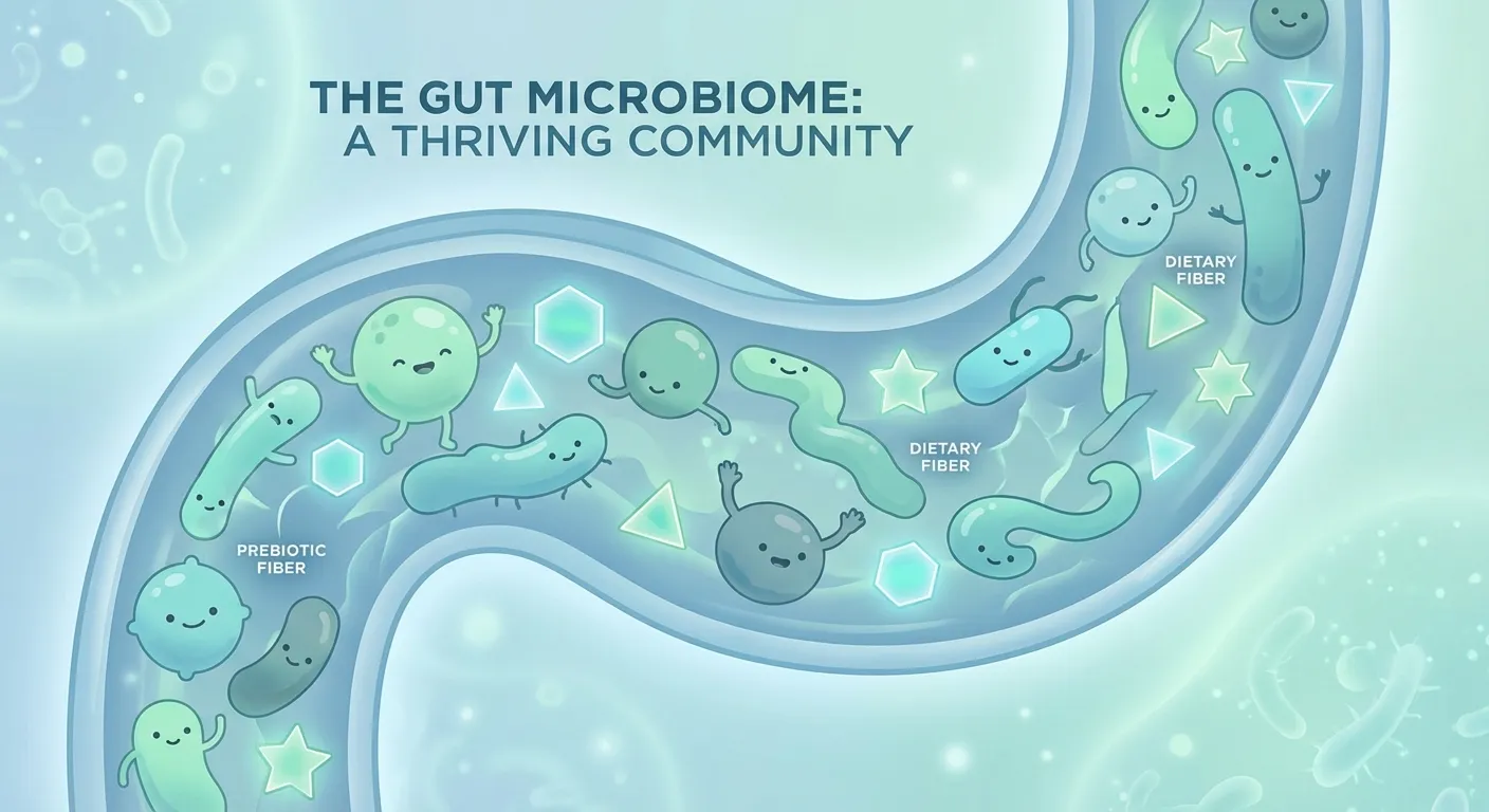 Stylized illustration of gut microbiome with fiber molecules feeding beneficial bacteria