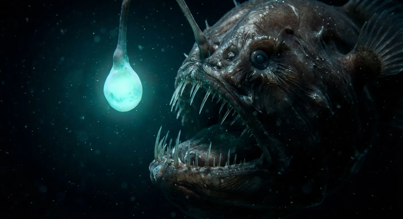 Anglerfish using bioluminescent lure to attract prey in the deep ocean
