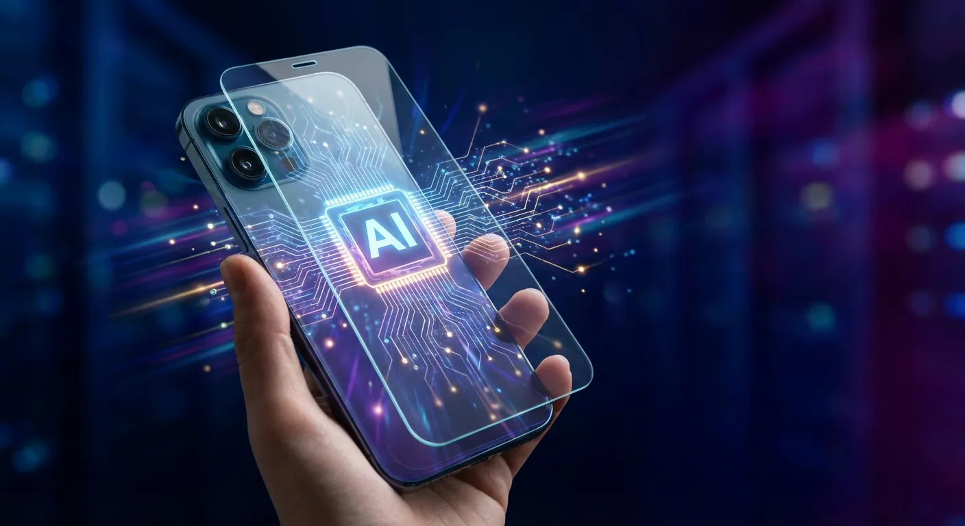 Smartphone with AI chip visualization showing local processing concept