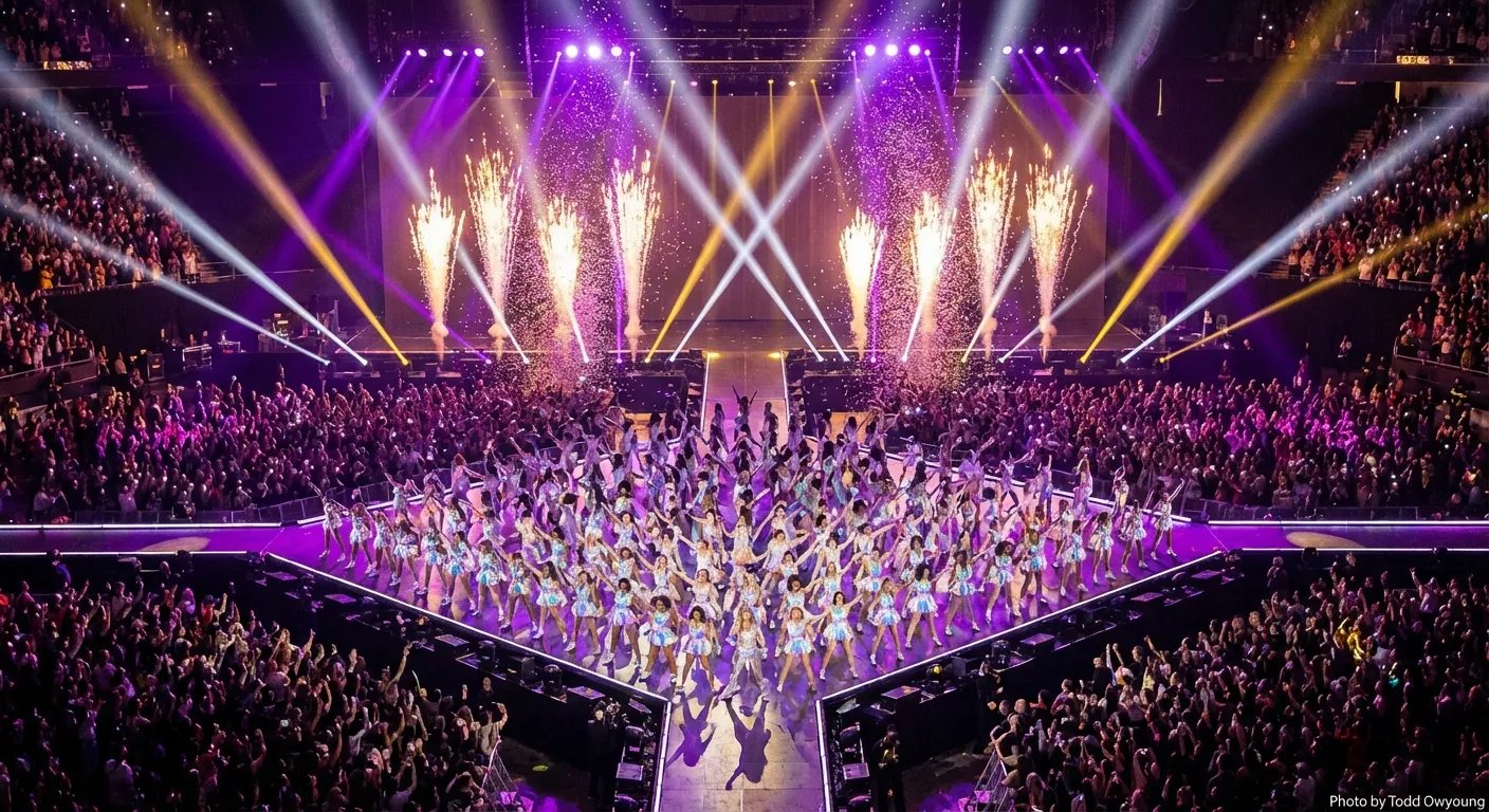 Concert performance with colorful stage lighting and dancers in formation