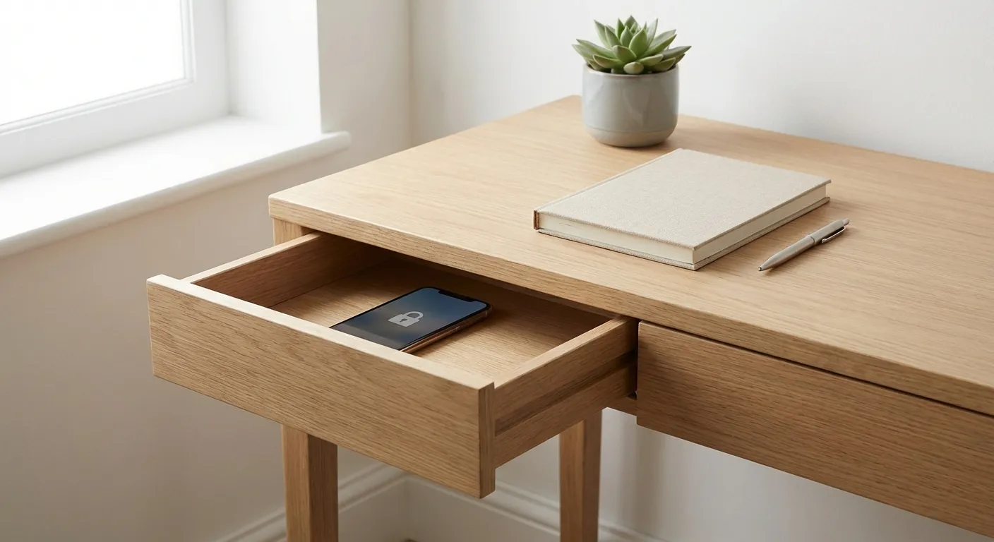 Minimalist desk with phone locked in a drawer and simple analog items