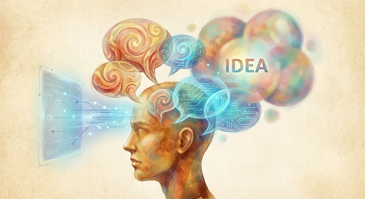 Visualization of smooth flowing AI responses blending imperceptibly into human thought bubbles