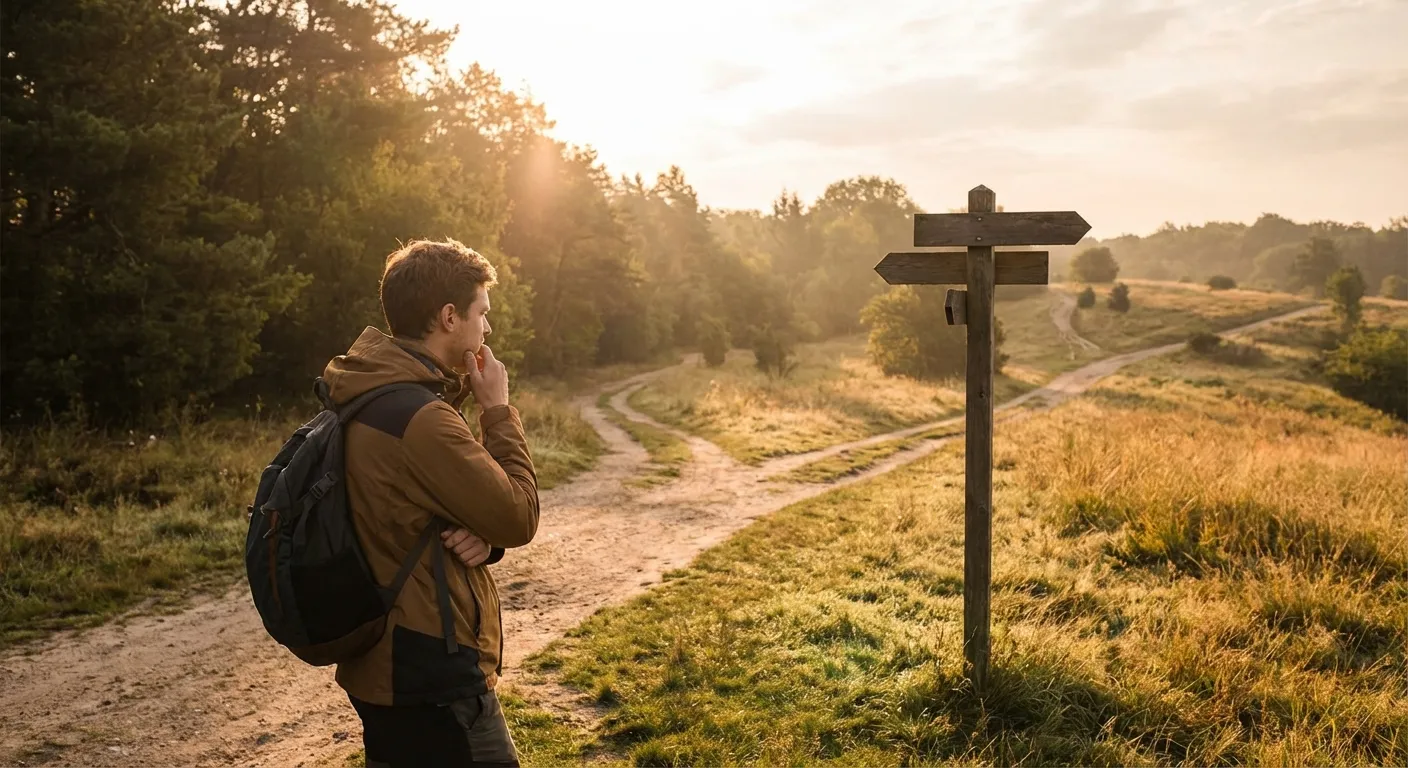 Person at crossroads with multiple paths representing career direction choices