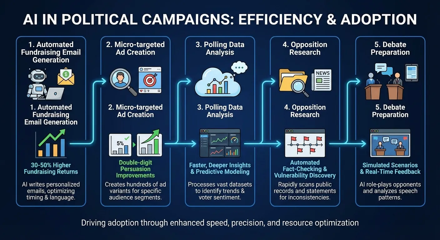 Infographic showing the different applications of AI in modern political campaigns