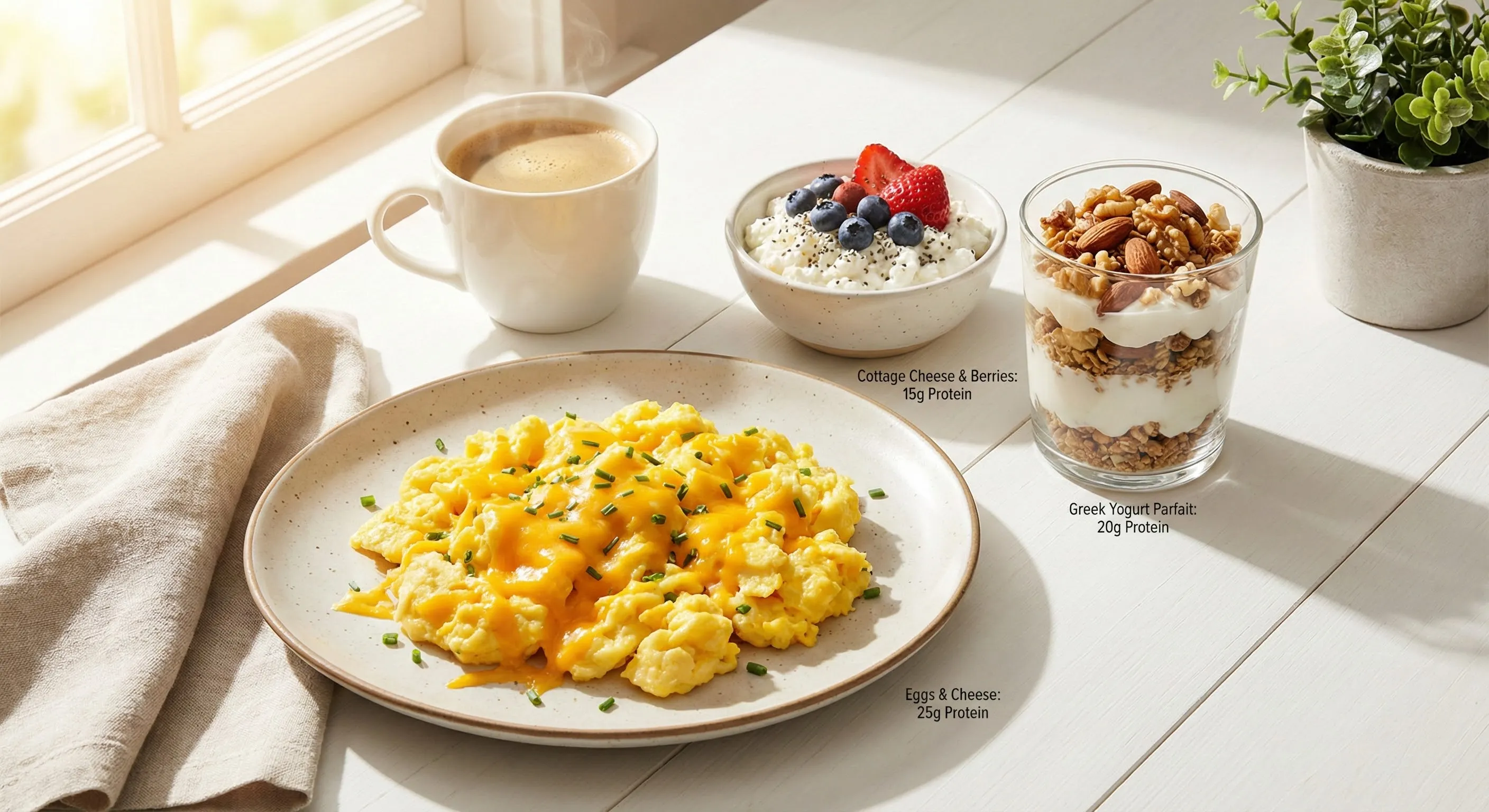 High-protein breakfast setup with scrambled eggs, cottage cheese, and Greek yogurt showing morning protein loading