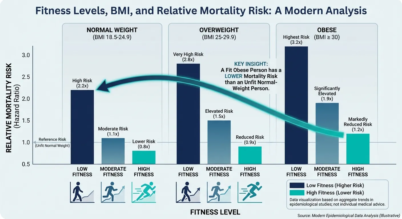 Infographic showing mortality risk reduction across fitness levels regardless of body weight