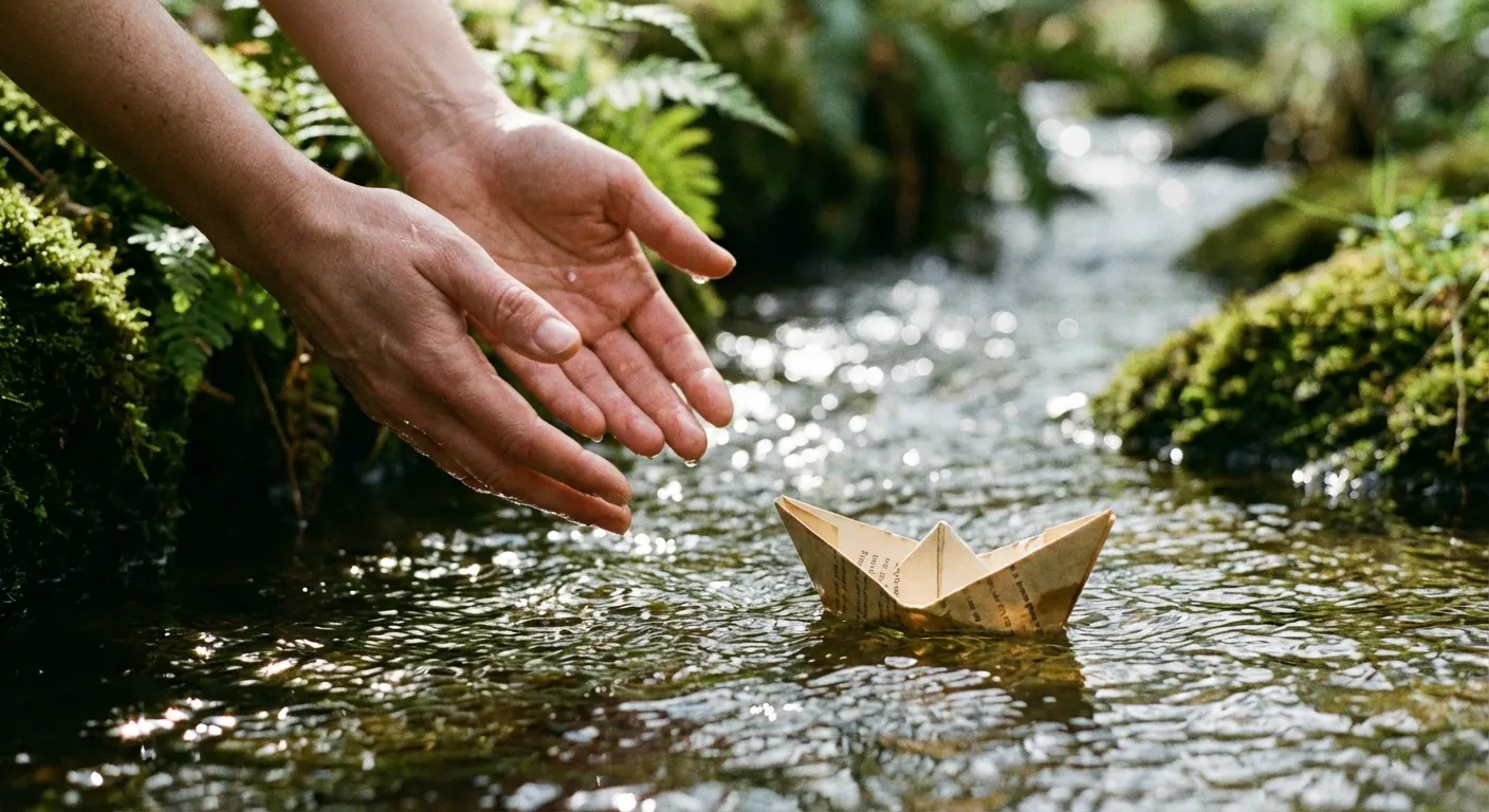 Hands releasing a small paper boat into flowing water symbolizing letting go