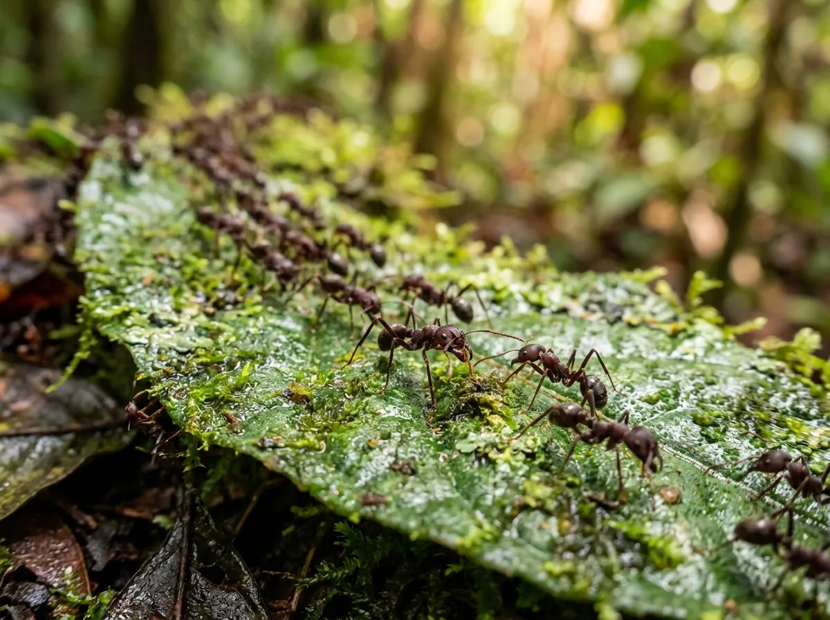 Close-up macro photograph of a dense column of army ants flowing along a trail on a leaf