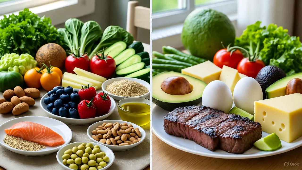 Side-by-side comparison of Mediterranean diet foods and ketogenic diet foods